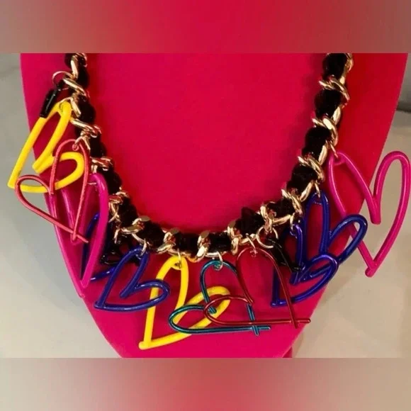 BETSEY JOHNSON One Love Open Frame Multi-Color Rainbow Heart Necklace NEW NWT - Picture 2 of 4